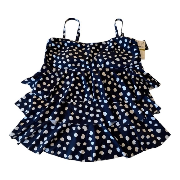 Island Escape Women's Triple Tiered Tankini Top in Navy Blue & White Polka Dots - Picture 9 of 16